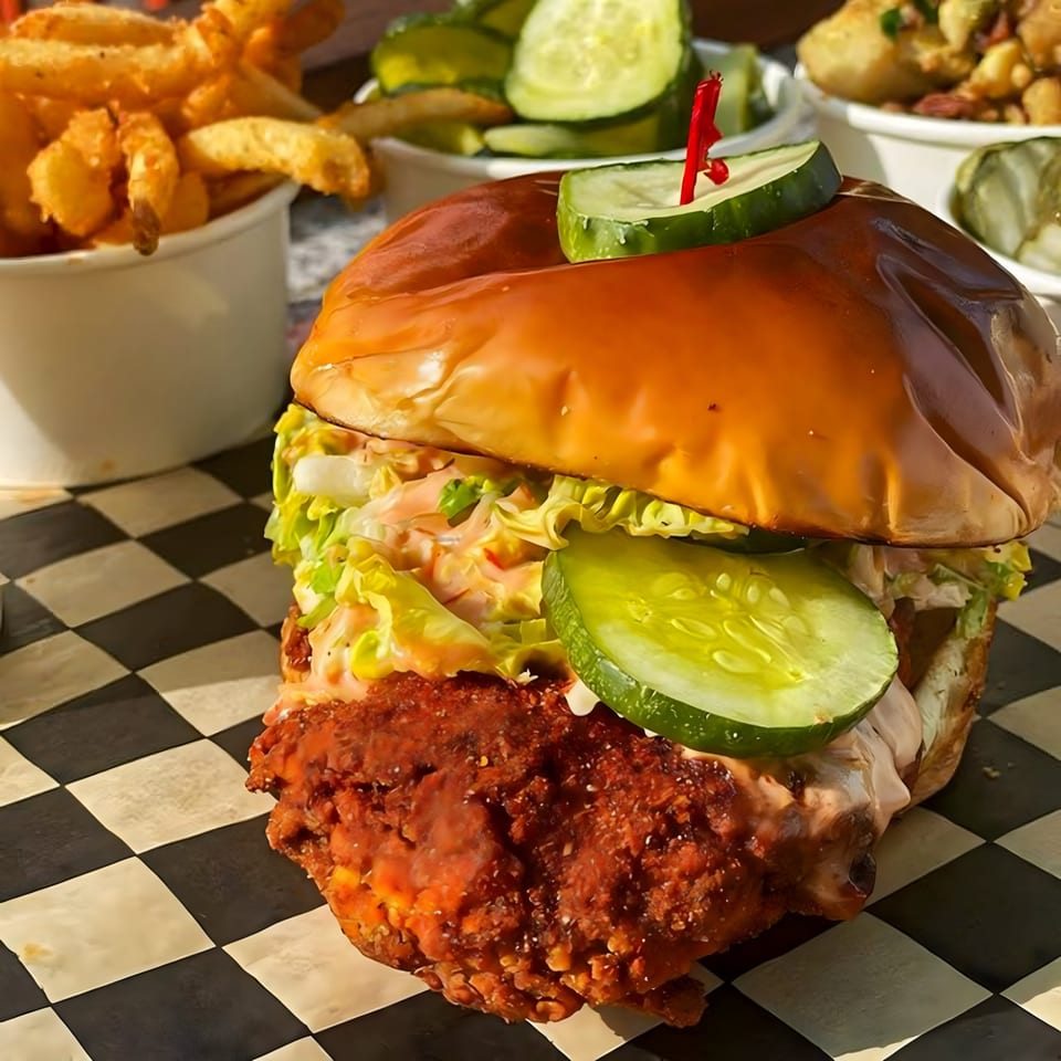 A Flew the Coop Nashville Hot Chicken sandwich with pickles, lettuce, and sauce, alongside fries.